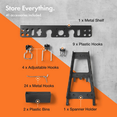 VonHaus Tool Pegboard, 44pc for Shed & Garage Wall Storage Tool Board, Secure Tool Organiser Wall Mounted