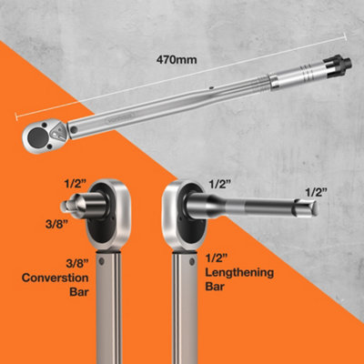 VonHaus Torque Wrench, 1/2 with 3/8 Reducer and Extension Bar, Ratchet Torque Wrench 1/2 for Car, Bike, 30 to 210Nm