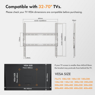 VonHaus TV Wall Bracket for 32-70" Screens, Ultra-Slim TV Bracket with Spirit Level, Flat to Wall Mount, 45kg Capacity