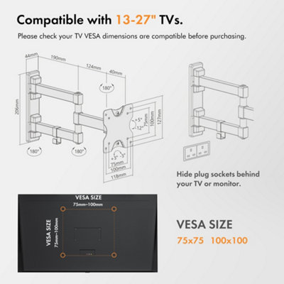 VonHaus TV Wall Bracket Mount Tilt & Swivel Ultra Slim Design for 13-27" up to 20kg Max VESA 100X100