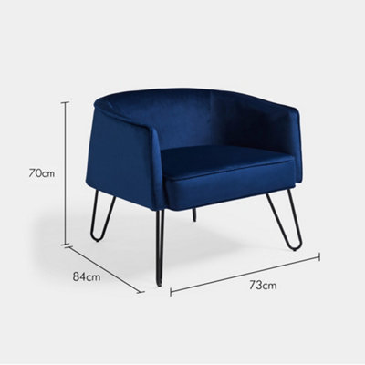 VonHaus Velvet Tub Chair, Navy Bucket Accent Armchair, Occasional Chair With Black Hairpin Metal Legs