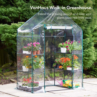 VonHaus Walk In Greenhouse, Compact Green House w/ 6 Shelves and Weatherproof PVC Plastic Cover, Plant House/Grow House for garden