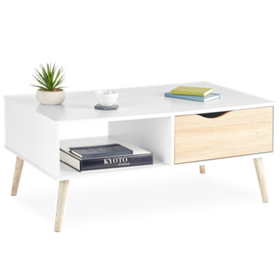 VonHaus White Coffee Table, Oak Effect Tea Table, Living Room Table w/ Drawer & Shelf, Centre Table for Living Room & Lounge