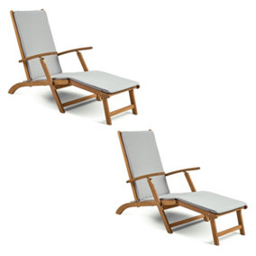 VonHaus Wooden Sun Lounger Set of 2, Folding Garden Steamer Chair, Sunlounger with Removable Footstool & Cushion, Acacia Hardwood