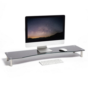 VonHaus XL Glass Monitor Stand for Desks - Height Adjustable Screen Riser - Dual Monitor Mount - Black Glass with Aluminium Legs