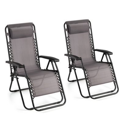 VonHaus Zero Gravity Chairs Set of 2, Grey Reclining Sun Loungers for Garden, Textilene Folding Garden Chairs, Removable Headrest