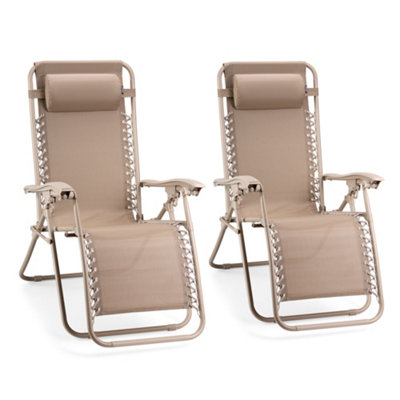 VonHaus Zero Gravity Chairs Set of 2, Taupe Reclining Sun Loungers for Garden, Textilene Folding Garden Chairs