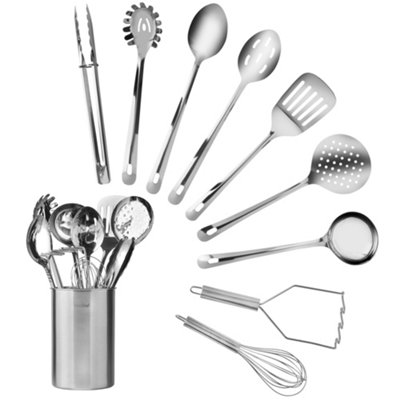 VonShef 10Pc Kitchen Utensils Set,  Utensil Pot with 9 Stainless Steel Utensils Including Spatula, Tongs, Spoons, Masher & More