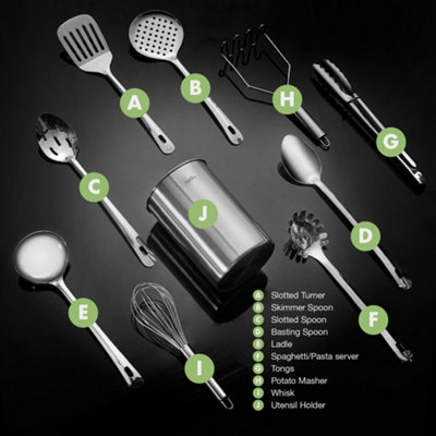 VonShef 10Pc Kitchen Utensils Set,  Utensil Pot with 9 Stainless Steel Utensils Including Spatula, Tongs, Spoons, Masher & More