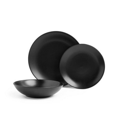 VonShef 12pc Matte Black Dinner Set, Black Dinnerware Set of 12 Pieces, Includes Dinner Plate, Side Plate & Bowl, Dinner Table Set