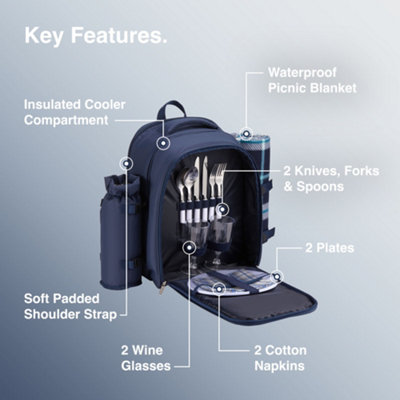 VonShef Plaid Blue 2 - person Picnic Backpack with Blanket New Without Tags VonShef Picnic Backpack, 2 Person Navy Picnic Bag with Full  main image 3