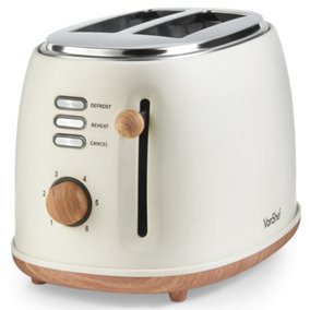 VonShef 2 Slice Toaster, 850W Matte Cream & Wood Effect Scandi Toaster, High Lift & Wide Slot for Bagels & Crumpets - Fika Range