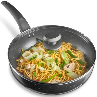 VonShef 28cm Marble Wok Aluminium Induction Safe/Soft Touch Handle, Grey, Non-Stick & Glass Lid