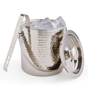VonShef 2L Ice Bucket w/ Lid & Tongs, Stainless Steel Silver Hammered Effect Ice Bucket Set w/ Carry Handle & Gift Box for Parties