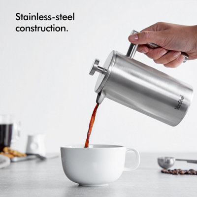 VonShef 3 Cup Cafetiere, 350ml Double Walled Stainless Steel French Press w/ Measuring Spoon Bag Sealing Clip, Filter Coffee Maker