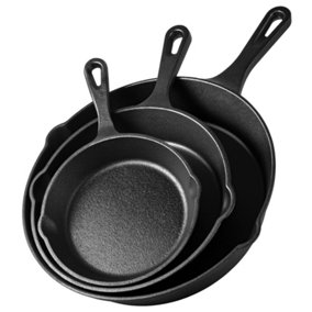 VonShef 3 Piece Set of Cast Iron Pans and Skillets for Grilling, Frying, Searing & More, suitable for all Hobs