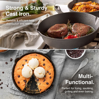 VonShef 3 Piece Set of Cast Iron Pans and Skillets for Grilling, Frying, Searing & More, suitable for all Hobs