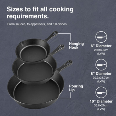 VonShef 3 Piece Set of Cast Iron Pans and Skillets for Grilling, Frying, Searing & More, suitable for all Hobs