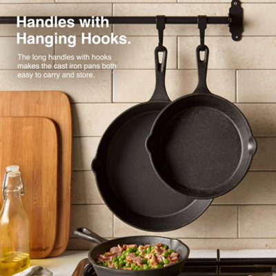 VonShef 3 Piece Set of Cast Iron Pans and Skillets for Grilling, Frying, Searing & More, suitable for all Hobs