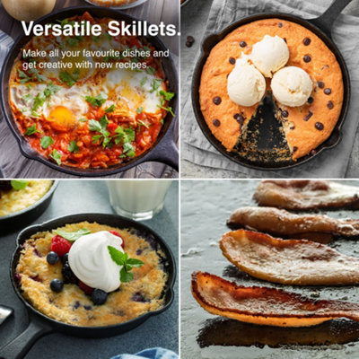 VonShef 3 Piece Set of Cast Iron Pans and Skillets for Grilling, Frying, Searing & More, suitable for all Hobs