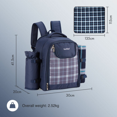 VonShef 4 Person Navy Tartan Picnic Backpack Hamper with Cooler Compartment Includes Tableware Fleece Picnic