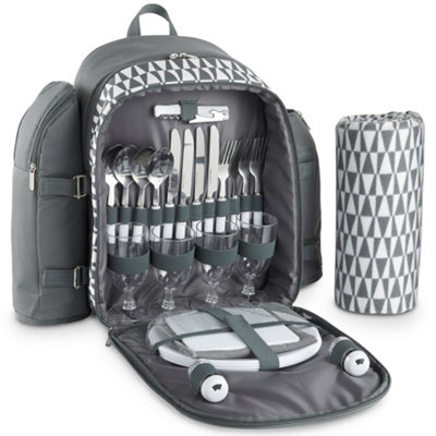 VonShef 4 Person Picnic Backpack Bag with Blanket Geo Grey 29