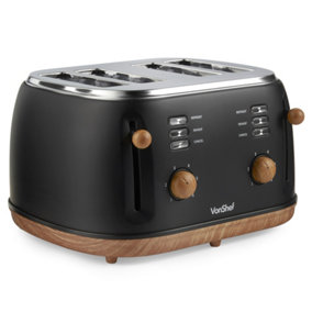 VonShef 4 Slice Toaster - Nordic Black & Wood, 6 Browning Settings, Wide Slots, Defrost, Reheat and Cancel Functions - Fika Range