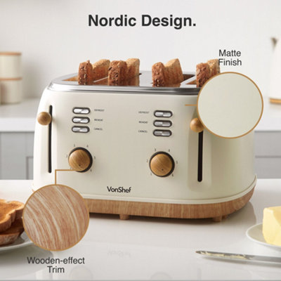 VonShef Slice Toaster Nordic Cream, Browning Settings, Wide