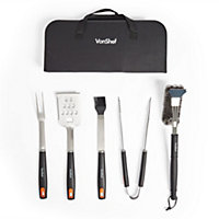 VonShef 5 Piece BBQ Tools Set w/ Storage Case Bag, Barbecue Accessories Kit w/ Turner, Fork, Tongs, Basting Brush, Cleaning Brush