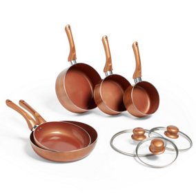 VonShef 5 Piece Copper Pan Set, Induction Safe Stainless Steel Pot & Pan Set with Non Stick Coating & Glass Lids for All Hob Types