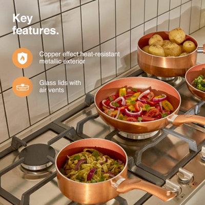 VonShef 5 Piece Copper Pan Set, Induction Safe Stainless Steel Pot & Pan Set with Non Stick Coating & Glass Lids for All Hob Types