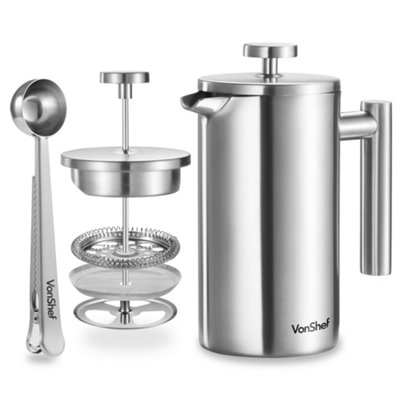 VonShef 6 Cup Cafetiere, 800ml Double Walled Stainless Steel French Press w/ Measuring Spoon Bag Sealing Clip, Filter Coffee Maker