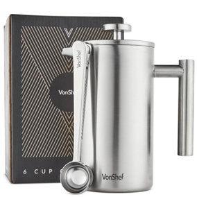 VonShef 6 Cup Cafetiere, 800ml Double Walled Stainless Steel French Press w/ Measuring Spoon Bag Sealing Clip, Filter Coffee Maker