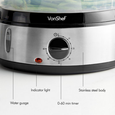 VonShef 9L Food Steamer 3 Tier, Vegetable Steamer w/ Timer & Rice Bowl ...