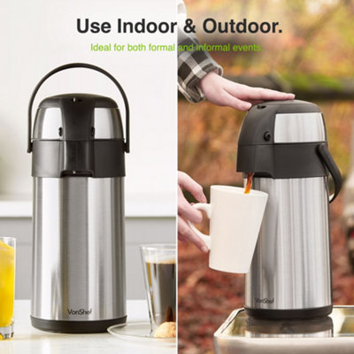 VonShef Airpot, 3L Hot Water Dispenser w/ Vacuum Push Button Pump, Safety Lock, Handle, 3 Litre Insulated Portable Tea, Coffee Urn