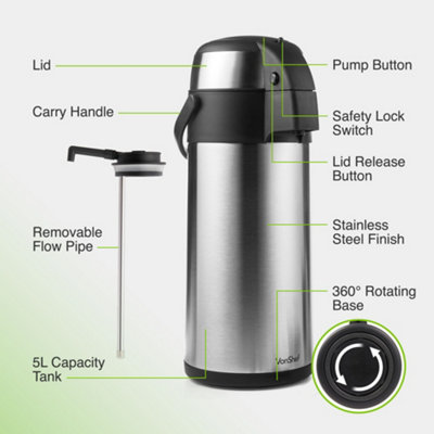 VonShef Airpot, 5L Hot Water Dispenser w/ Vacuum Push Button Pump, Safety Lock, Handle, 5 Litre Insulated Portable Tea, Coffee Urn
