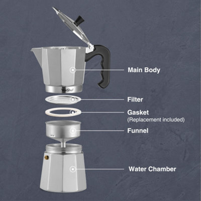 VonShef Aluminium Stovetop Coffee Maker 12 Cup/600ml, Italian Style Espresso  Maker Moka Pot for Ground Coffee w/ Gasket & Filter