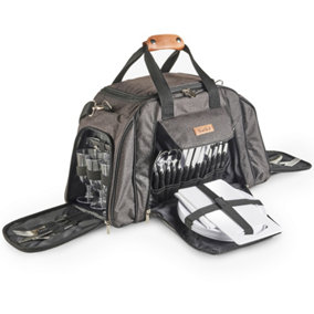 VonShef Ash 6 Person Picnic Holdall Bag, Premium Woven Grey Picnic Backpack, Includes 41 Piece Dining Set & Cooler Compartment
