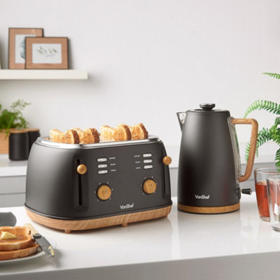 VonShef Black Kettle and Toaster Set With 1.7L Rapid Boil Kettle 3000W and 4 Slice Toaster 1500W - Fika Range