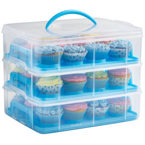 VonShef Blue Cupcake Carrier, 36 Muffin Stackable Cake Caddy, 3 Tier Bake Holder, Snap & Stack Design, Plastic Carry Box
