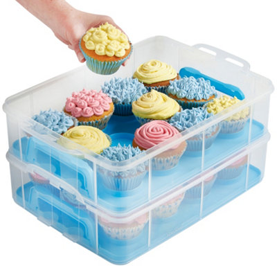 VonShef Blue Cupcake Carrier, 36 Muffin Stackable Cake Caddy, 3 Tier Bake Holder, Snap & Stack Design, Plastic Carry Box