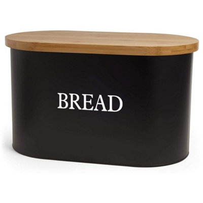 VonShef Bread Bin with Bamboo Lid for Cutting/Chopping Bread Board - Matte Black Bread storage box - Bread Holder Tin for Kitchen