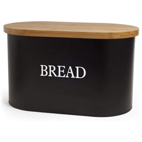 VonShef Bread Bin with Bamboo Lid for Cutting/Chopping Bread Board - Matte Black Bread storage box - Bread Holder Tin for Kitchen
