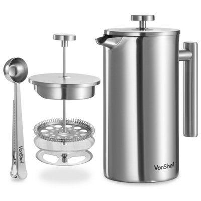 VonShef Cafetiere Stainless Steel, 12 Cup/1.5L Double Walled Satin Brushed Coffee Filter w/ Measuring Spoon & Bag Sealing Clip