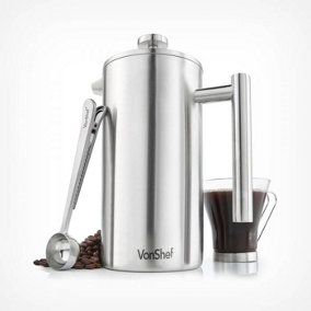 VonShef Cafetiere Stainless Steel, 12 Cup/1.5L Double Walled Satin Brushed Coffee Filter w/ Measuring Spoon & Bag Sealing Clip