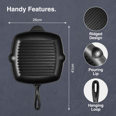 VonShef Cast Iron Griddle Pan, Non Stick Pre-seasoned Grill Pan with Pouring Lip, 26cm Pan for Induction, Electric, Gas Hobs, Oven