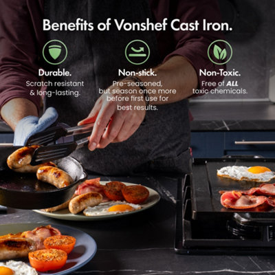 VonShef Cast Iron Griddle Plate, Pre-Seasoned Non-Stick BBQ Griddle Plate with Handles, Reversible Griddle Pan Oven Safe Hot Plate