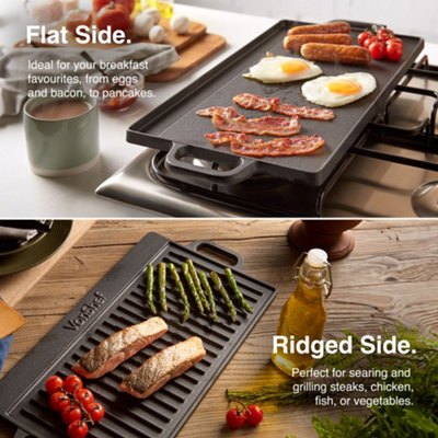 VonShef Cast Iron Griddle Plate, Pre-Seasoned Non-Stick BBQ Griddle Plate with Handles, Reversible Griddle Pan Oven Safe Hot Plate