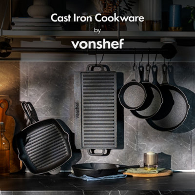 VonShef Cast Iron Griddle Plate, Pre-Seasoned Non-Stick BBQ Griddle Plate with Handles, Reversible Griddle Pan Oven Safe Hot Plate