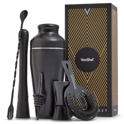 VonShef Cocktail Shaker Set Black, 550ml Parisian Shaker, 6pc Bartender Set for Home Bar - Strainer, Muddler, Jigger & Gift Box